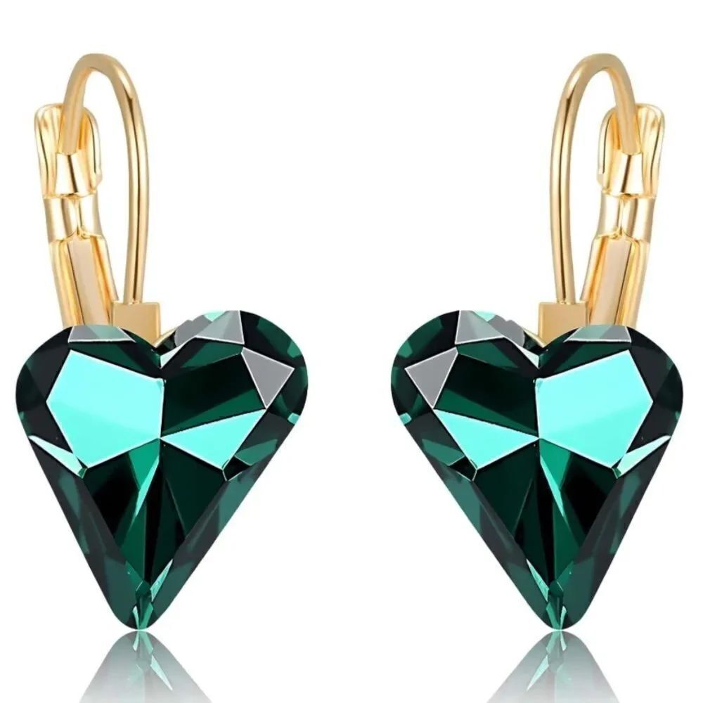 14K Yellow Gold with Emerald Green Austrian Crystal Heart Leverback Earrings